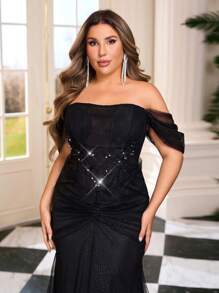 Glamrae Plus Size Elegant Black Formal Dress With Off Shoulder, Lace Splicing, Mesh Fabric, Ruched Design, Party Dress, Gown, For Evening, Wedding Guest - Black - View 2
