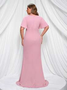 SHEIN Belle Plus Size Bowknot Decorated Puff Sleeve Dress, Chiffon Pleated Fabric Patchwork Knitted Fabric, Elegant Bridesmaid Dress In Pink - Pink - View 3