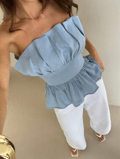 Aloruh 女士优雅简约时尚通勤上衣纯色碎花抹胸上衣假日约会休闲甜美蓝色抹胸上衣，夏季，毕业季，返校季