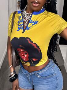 Slaydiva 2025 Neuer Sommer Lässig Street Reißverschluss Raglanärmel Kurzarm Portrait Frauenkopf Druck Englische Sloganbedruckung Ingwer Gelb Farbabsplitterung Braune Manschetten Slim Fit Damen T-Shirt-A