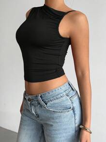 Aloruh 女式性感优雅圆领褶皱短款黑色背心，无袖 - 黑色 - 查看 6