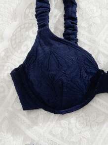 Swim Mod 2pcs/Set Women Spring Break Summer Beachwear - Solid Color Ruched Floral Fabric Thick Strap Steel Bra Cute Bikini Set Navy Blue Royal Blue Victoria Secret - Navy Blue - View 5