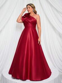 Glamrae Váy dạ hội trang trọng cổ bất đối xứng có chi tiết hoa xếp nếp thanh lịch cỡ lớn màu đỏ, váy dự tiệc, dành cho khách dự tiệc cưới - Đỏ - Xem 4