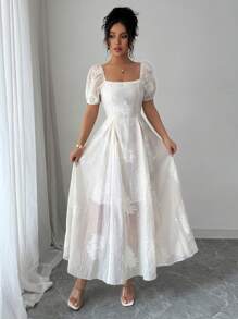 Elenzga 优雅法式杏色方领提花网眼泡泡袖长裙，腰部收褶设计，显瘦迷人连衣裙 - 杏色 - 查看 3