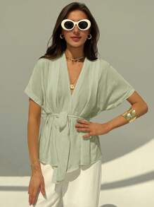 Aloruh Women's Solid Color Batwing Sleeve Shirt, Fashionable For Summer - Green - View 3