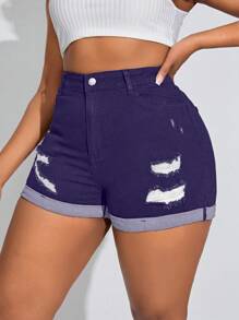 Slaydiva Plus Size Distressed Slim-Fit Casual Denim Shorts - Purple - View 1