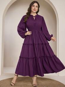 Graceveil 加大码长款荷叶边下摆 A 字形连衣裙，收腰褶皱，优雅节日连衣裙