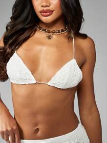 MISSGUIDED Summer Beach Resort Two Piece Set Crochet Bralette Halter Top Drawstring Lace Mini Skirt Set Vacation Pool Cover Up - White - View 6