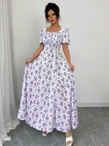 Elenzga 优雅度假休闲泡泡袖方领褶皱腰修身长裙女装春夏