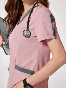 TaskEZ Solid Color V-Neck Short Sleeve T-Shirt And Pants Scrub Uniform Set - Baby Pink - View 3