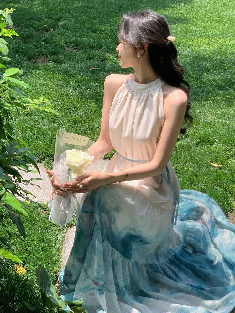 Ombre Floral Print Sleeveless Midi Dress For Women,Casual Women Dresses