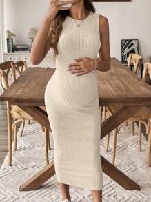 SHEIN Đầm bầu mùa hè không tay cổ tròn màu trơn - Màu be - Xem 6