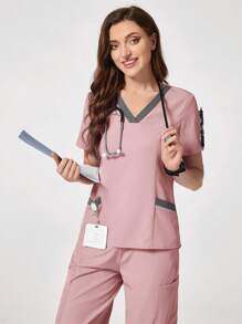 TaskEZ Solid Color V-Neck Short Sleeve T-Shirt And Pants Scrub Uniform Set - Baby Pink - View 8