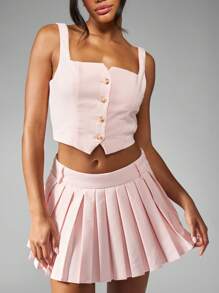 MISSGUIDED Retro Preppy Two Piece Pleated Tennis Skirt Set With Button Front Corset Top And High Waist Mini Skirt For Summer Dance Party Cheer - Pink - View 4