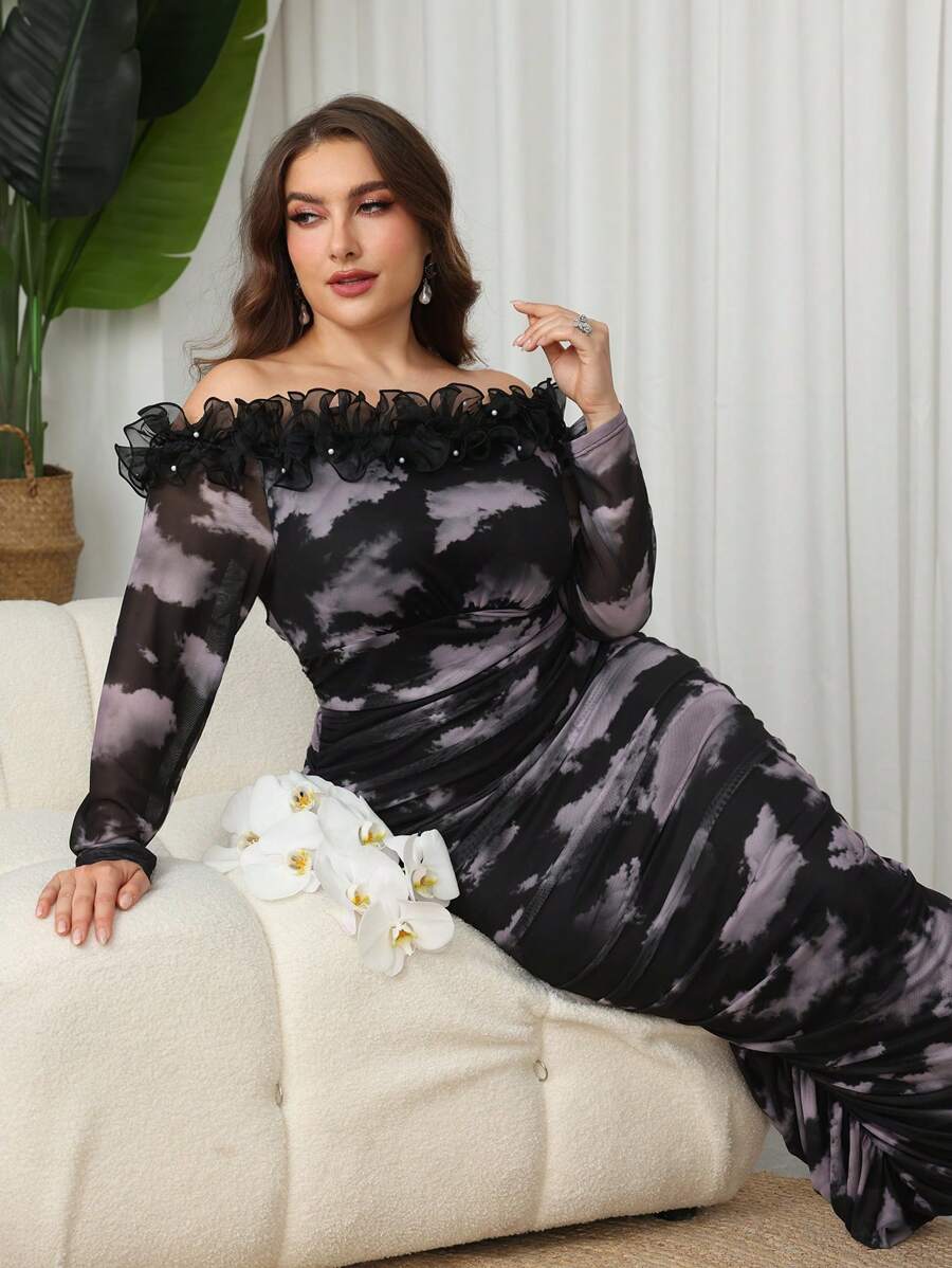 Modelyn Vestido de punto elegante de talla grande con hombros descubiertos, estampado degradado floral, ribete de volantes de malla, primavera y verano