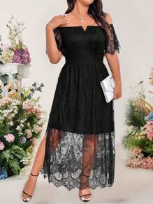 Cravure Vestido largo de manga corta con hombro descubierto, abertura y detalles calados con estampado floral para mujer talla grande - Negro - Ver 3