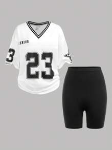 Girlism 2 Stücke Set für Teenager-Mädchen: Weißes T-Shirt Top aus Basketballtrikot mit College-Nummern und Buchstaben Muster + schwarze, enge Workout-Leggings mit hoher Taille, lässiges Streetwear-Outfit - Schwarz und Weiss - Übersicht 11