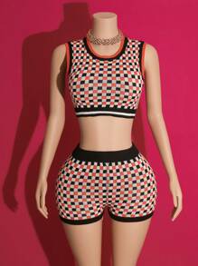 Slaydiva New Summer Casual Street Sportswear Casual Home Wear Beach Vacation Casual Vacation Simple Style Basic Round Neck Sleeveless Black And Red Contrast Collar Woolen Top + Hip-Wrapped Shorts Red Black And White Plaid Suit Women's Sweater Two-Piece Suit