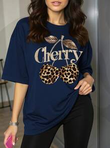 Women's Plus Size Leopard Print Cherry Pattern Round Neck Short Sleeve T-Shirt - Navy Blue - View 1