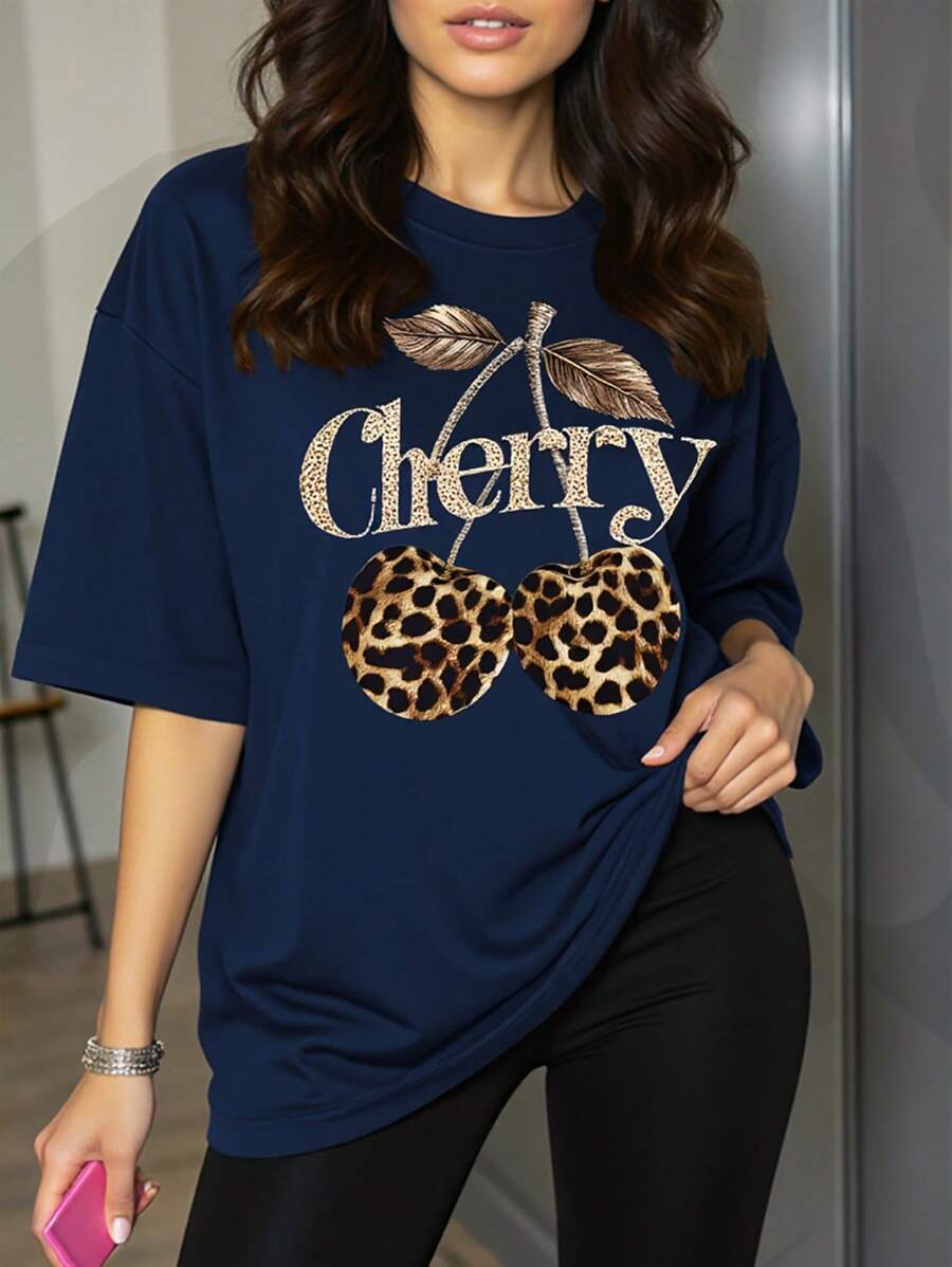 Women's Plus Size Leopard Print Cherry Pattern Round Neck Short Sleeve T-Shirt - Navy Blue - View 1