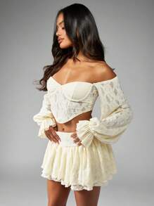 MISSGUIDED Lace Corset Bustier Top With Bell Sleeves Layered Ruffle Mini Skirt Festival Party Summer Co Ord Set