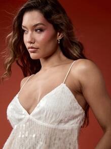 MISSGUIDED Áo yếm cạp chun sequin có thể điều chỉnh dây đeo spaghetti cho tiệc tối câu lạc bộ disco lễ hội lễ kỷ niệm áo kim tuyến - Màu be - Xem 3