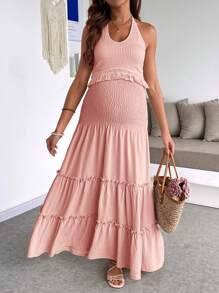 SHEIN 2pcs Maternity Tassel Outfit, Summer Clothes, Suitable For Relaxation And Vacation - Pink - View 3