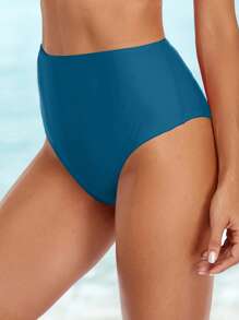 SHEIN Swim 纯色下装，简约沙滩/度假泳衣 - 水鴨藍 - 查看 3