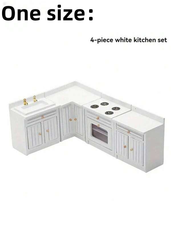 SHEIN 1:12 Mini Dollhouse Kitchen Cabinet Set / White Refrigerator /White Seat Set Miniature Food Play Model, Cooktop Sink Countertop Combination Miniature Dollhouse Kitchen Furniture,Mini Furniture Miniature Model Kitchen Scene Playhouse Toy