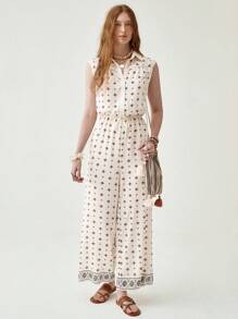 Florisole Women's Summer Elegant Vacation Apricot Floral Sleeveless Jumpsuit - Apricot - View 7