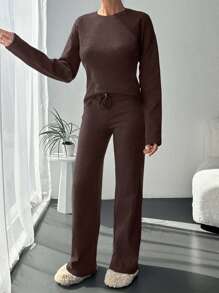 SHEIN Cottnline 100%Cotton Solid Tee & Drawstring Waist Pants - Brown - View 5