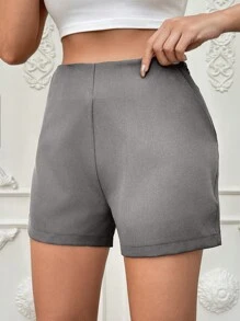 SHEIN Cottnline 女士休闲纯色简约斜口袋短裤，夏季 - 灰色 - 查看 5