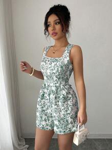 Elenzga 女式夏季休闲植物印花方领连体裤