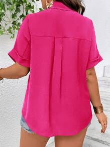 SHEIN LUNE Plus Size Solid Color Front Button Casual Short Sleeve Shirt, Summer Hot Pink - Hot Pink - View 2