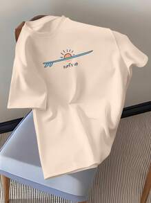 Manfinity Joysei Men's Casual "Surf's Up" Surfing Print Round Neck T-Shirt, Spring/Summer - Apricot - View 3