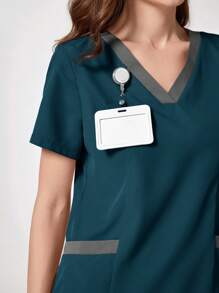 TaskEZ Color Block V-Neck Short Sleeve Top And Pants Scrub Uniform Set - Teal Blue - View 5