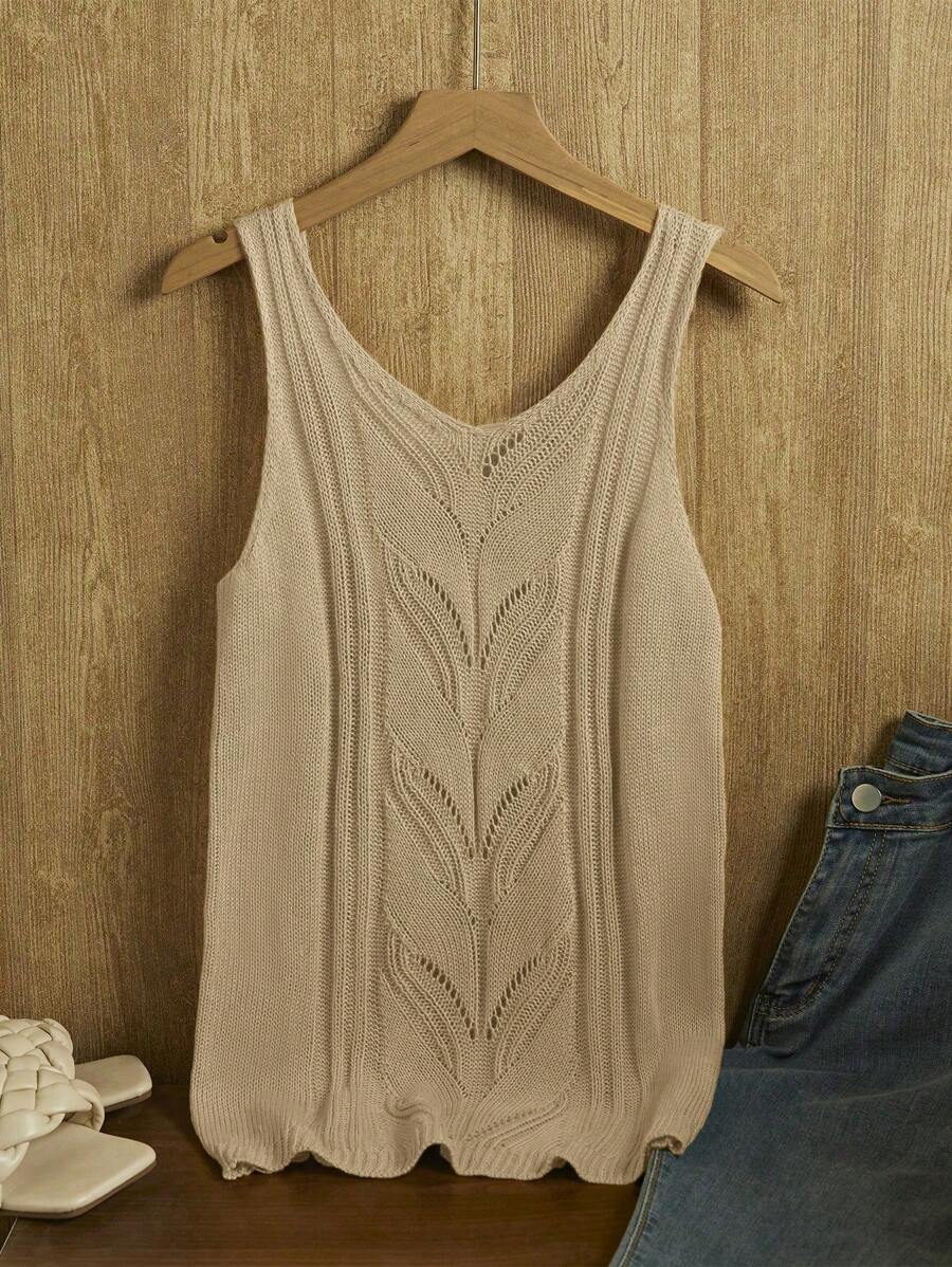 SHEIN LUNE 女式简约纯色舒适V领无袖针织上衣,夏季 - 杏色 - 查看 1