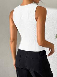 SHEIN PETITE Women Fashion Ribbed Knit Sleeveless Top With Split Hem, Petite Fit Bodycon Round Neck Tank Top - White - View 2