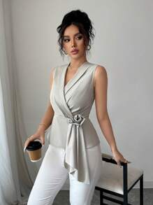 SHEIN Unity Women Sleeveless Shirt With Tie Design, Slimming And Elegant - Grey - View 3