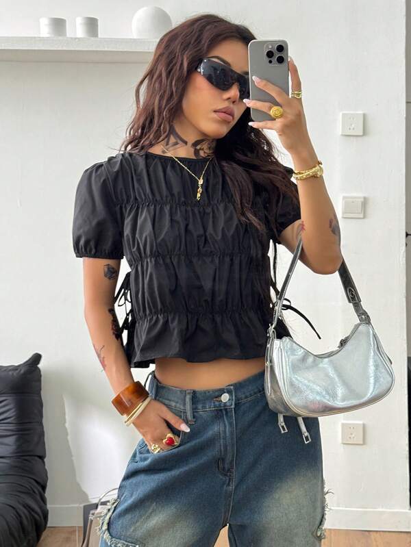 Coolane Women's Spring Summer Y2K Fashion Date Night Music Festival Concert Pleated Ruched Lace Up Split Side White Crew Neck Short Sleeve Blouses