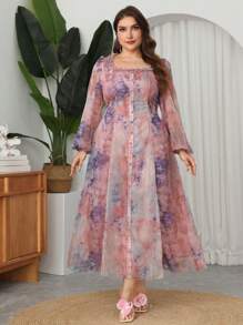 Modelyn Abito maxi elegante e romantico, con stampa tie-dye, maniche a palloncino in chiffon, con volant sul fondo, per taglie comode, per primavera/estate