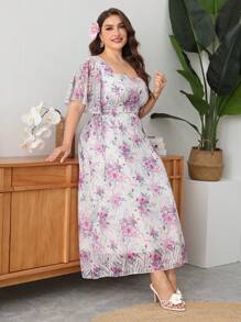 Modelyn Vestido Maxi Talla Grande con Escote Cuadrado, Estampado Floral, Mangas con Volantes y Cintura Ceñida, Elegante & Romántico, Primavera/Verano - Multicolor - Ver 5