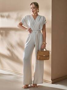 EURMUSE HALF SLEEVE DEEP V COLLAR BELTED LONG STRAIGHT JUMPSUIT - Beige - View 1