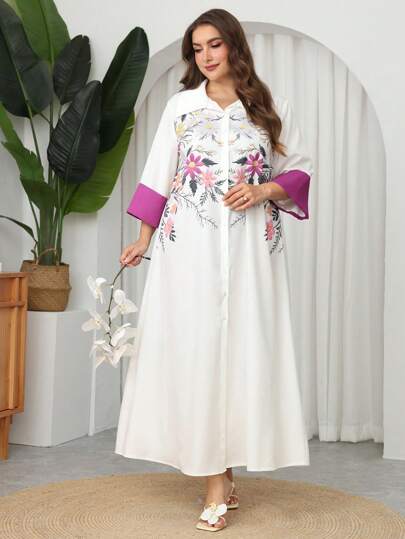 Al Najma 大码女式花卉印花 Polo 领宽松优雅休闲阿拉伯风格连衣裙，春夏季，端庄