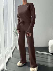 SHEIN Cottnline 100%Cotton Solid Tee & Drawstring Waist Pants - Brown - View 3