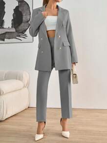 EURMUSE Women's Double Breasted Lapel Neck Blazer & Belted Pants Suit Set - Grey - View 5