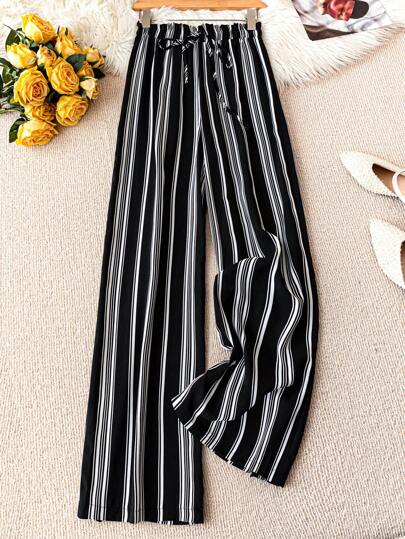 SHEIN LUNE Women's Printed Loose Fit Bowknot Waist Elegant Casual Pants, Suitable For Vacation & Daily Wear Fall Cloth For Women