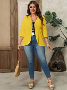 EMERY ROSE Plus Size Women's Mid-Length Sleeve Jacquard Texture Beach Vacation Coat Spring Summer Winter Fall Autumn - Yellow - View 5