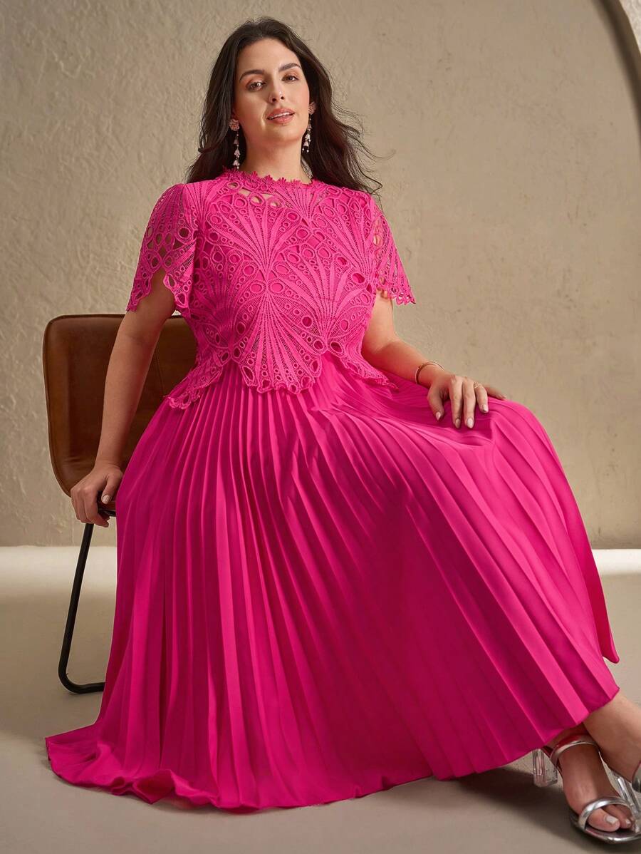 Chikora Plus Size Elegant And Romantic Lace And Pleated Maxi Dress, Fashionable For Summer - Hot Pink - View 1