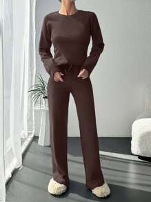 SHEIN Cottnline 100%Cotton Solid Tee & Drawstring Waist Pants - Brown - View 6